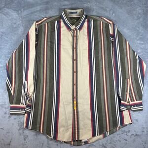 BD Baggies Mens XL Long Sleeve Striped Button Down Shirt Cotton Olive Navy Red